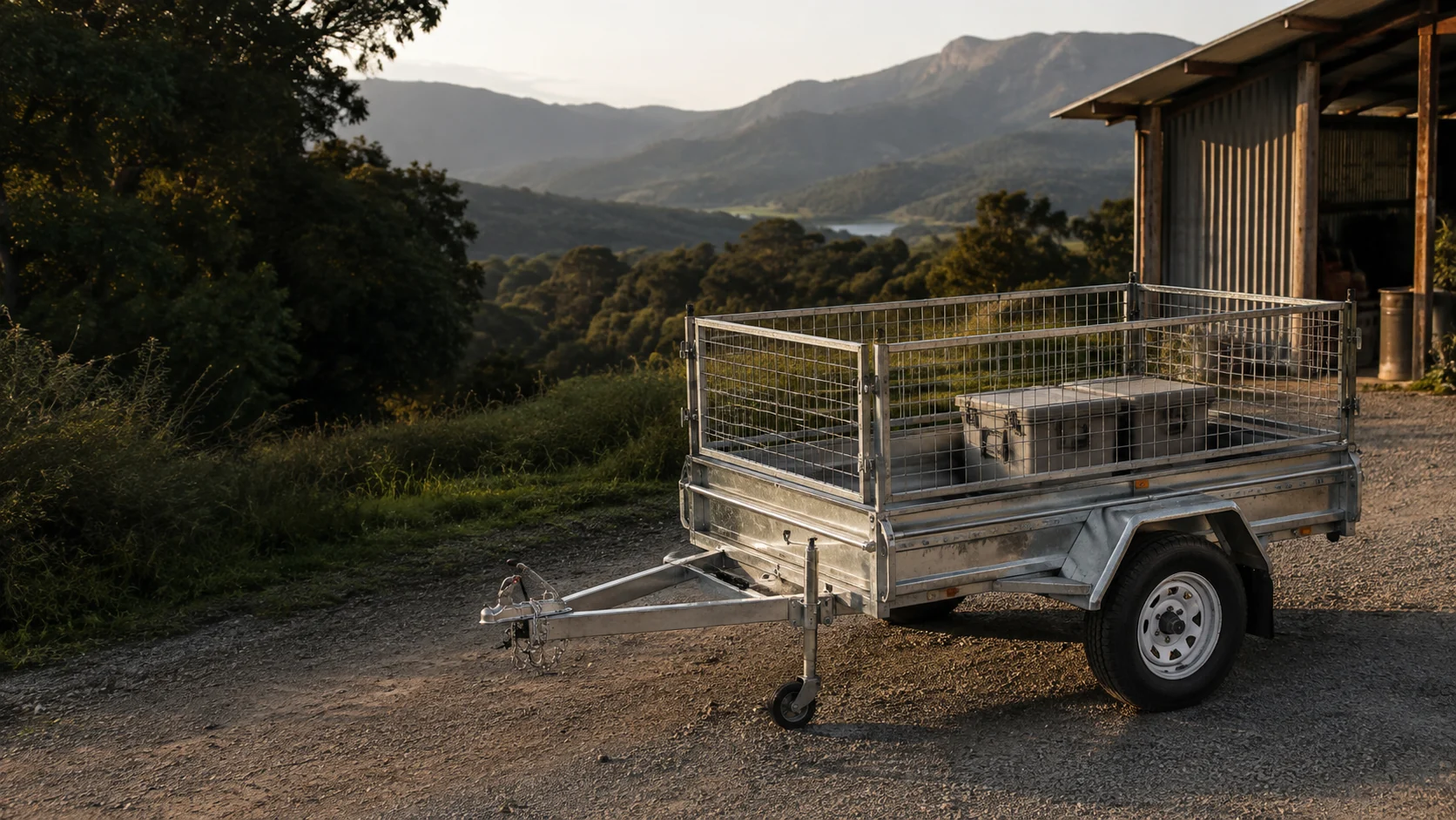 A utility cage trailer in a rural working environment